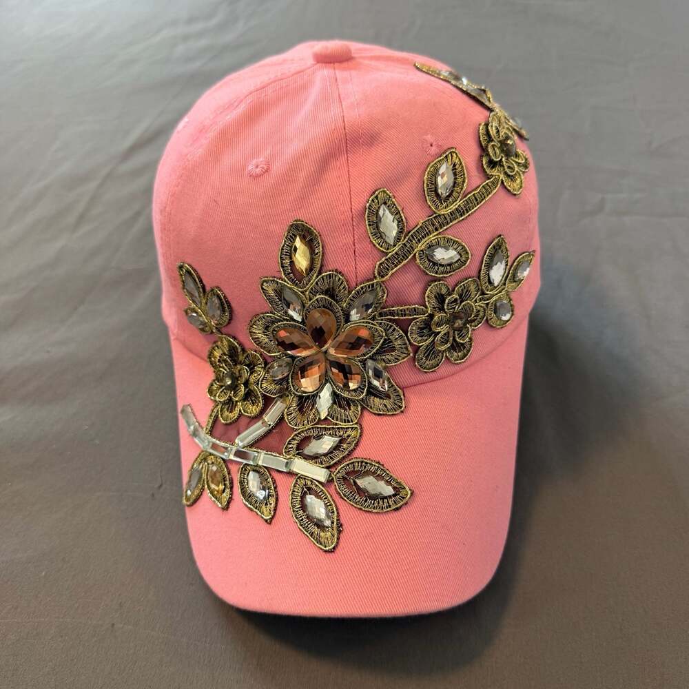 Women's Pink Hat Cap with Floral Rhinestone and Gold Thread Embroidery